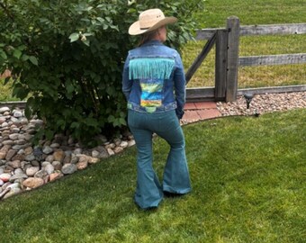 Veste en jean à franges turquoise