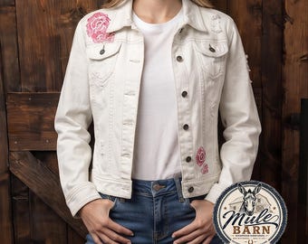 Veste en jean avec motifs floraux peints à la main - Moyenne