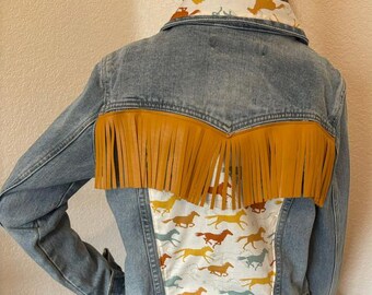 Fringed Denim Kids Jacket with Horse Accents