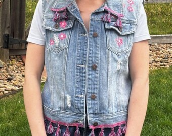 Veste en jean sans manches à franges - Petit
