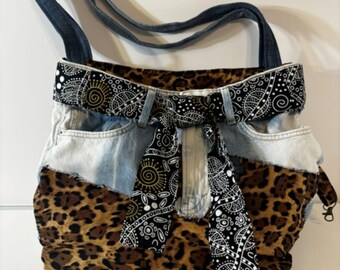 Sac à main en denim, doublure intérieure imprimée léopard, porte-clés