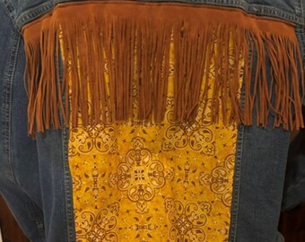 Veste en jean à franges marron et à motif floral - XL