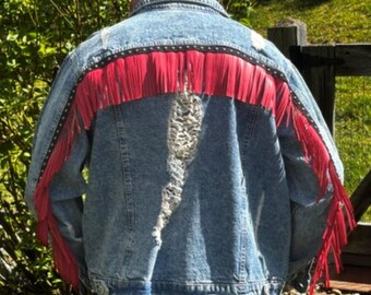 Veste en jean rouge à franges - Unisexe TG
