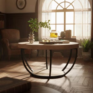 May include: A round coffee table with a light wood grain top and a black metal base featuring curved supports. The table holds a glass vase with green leaves, a glass teapot with a warmer, two small glass cups, and a book on a dark tray.