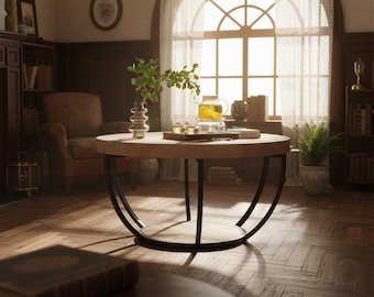 Round Coffee Table, Wood Coffee Table with Storage Shelf, Industrial Coffee Table, Small Coffee Table, Walnut Style Accent Table