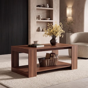 May include: A rectangular coffee table with a dark wood grain finish, featuring a flat top surface and a lower storage shelf. The table is constructed with four thick, vertical legs that support both the top and the bottom shelf.