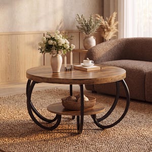 May include: A round coffee table featuring a wood-grain top and a lower shelf supported by four curved black metal legs. The table holds a white vase with white flowers, two tall candles, and a book. A woven basket sits on the lower shelf.