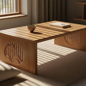 May include: A low, rectangular wooden table with a light brown finish. The table has decorative cutouts on the sides and a small bowl and book on top. The table is approximately 40 inches long and 20 inches wide, suitable for a living room or tea room.
