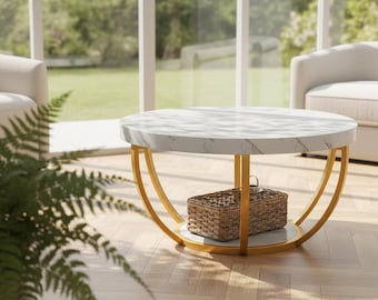 Round Coffee Table, Wood Coffee Table with Storage Shelf, Industrial Coffee Table, Small Coffee Table, Walnut Style Accent Table
