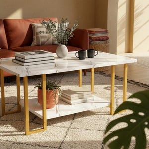 Modern Faux Marble Coffee Table with Storage Shelf, 2 Tier Rectangle Living Room Table, Small Space Gold Frame Cocktail Table