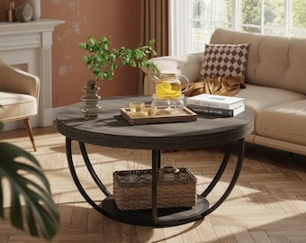 Round Coffee Table, Wood Coffee Table with Storage Shelf, Industrial Coffee Table, Small Coffee Table, Walnut Style Accent Table