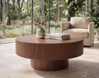 Round Coffee Table, Walnut Wood Table, Drum End Table, Fluted Center Table, Minimalist Living Room Furniture, Easy Assembly, 31.5 Inch