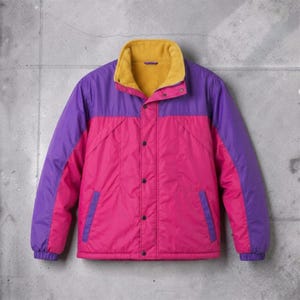 May include: A colour-blocked jacket featuring a bright pink main body, purple sleeves and upper chest panels, and a mustard yellow fleece-lined stand-up collar. The jacket includes a front button closure with visible snaps and two side pockets.