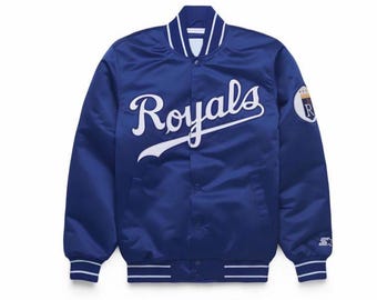 Giacca stile college in raso dei Kansas City Royals, bomber da baseball in stile vintage per tifosi.