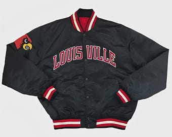Giacca bomber stile college vintage anni '90 Louisville Cardinals in raso nero / Giacca sportiva unisex retrò universitaria