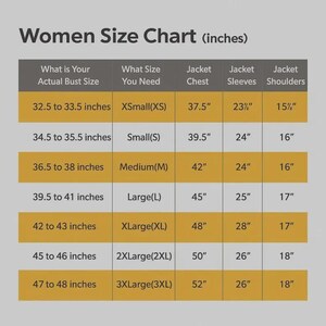 Puede incluir: Tabla de tallas de mujer en pulgadas, con medidas de busto, pecho, manga y hombros. Las tallas van de XS a 3XL, con contornos de busto de 82,5 cm a 122 cm. La tabla incluye medidas de pecho, manga y hombros de la chaqueta.