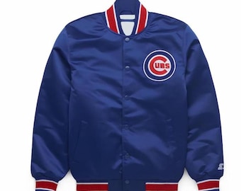 Giacca bomber unisex in raso stile vintage con bottoni a pressione, modello college dei Chicago Cubs.