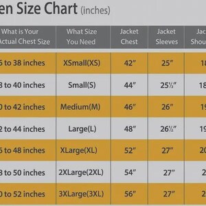 May include: A size chart for jackets, with measurements in inches. The chart includes chest size, jacket chest, jacket sleeves, and jacket shoulders. Sizes range from XSmall to 3XLarge, with corresponding measurements.