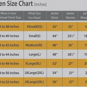 Puede incluir: Tabla de tallas de chaquetas en pulgadas. Muestra la medida del pecho, el pecho de la chaqueta, las mangas y los hombros. Las tallas van de XSmall a 3XLarge. Las medidas est&aacute;n en pulgadas.
