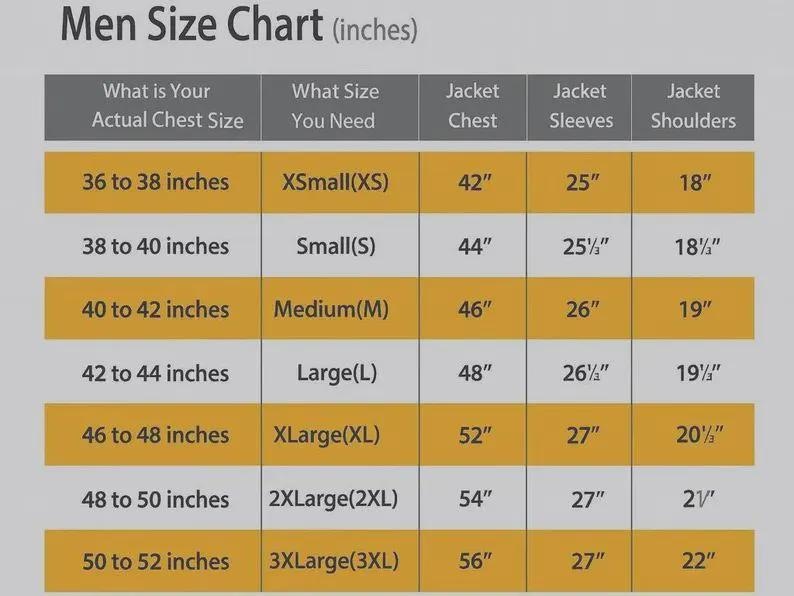 Puede incluir: Tabla de tallas de chaquetas en pulgadas. Muestra la medida del pecho, el pecho de la chaqueta, las mangas y los hombros. Las tallas van de XSmall a 3XLarge. Las medidas est&aacute;n en pulgadas.