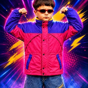 May include: A color-blocked jacket featuring a bright pink torso and deep blue sleeves, shoulders, and collar. The jacket has a high neck, a front zipper closure with snap buttons, and two side pockets. It is paired with blue denim jeans.