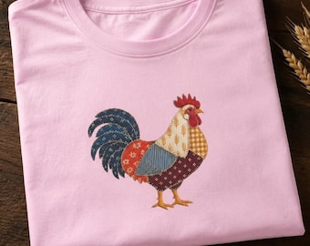 Patchwork Rooster Shirt | Floral Farm Graphic | Rustic Country Tee