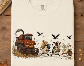 Halloween Tractor Shirt | Monster Harvester Chasing Farm Animals | Dark Barnyard Humor Tee