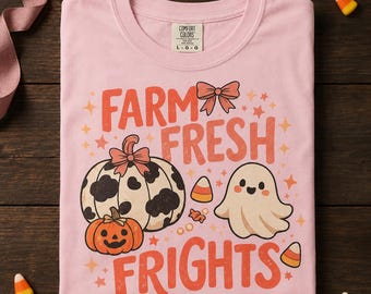 Farm Fresh Frights Shirt | Cow Print Pumpkin and Ghost Design Tshirt | Soft Halloween Farm Tee