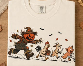 Scarecrow and Trick-or-Treaters T-Shirt | Halloween Pumpkin Kids Costume Art