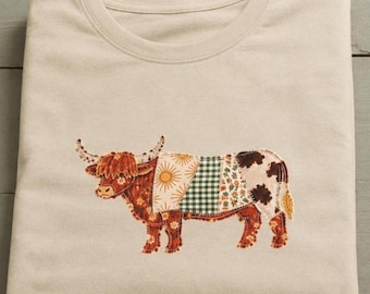 Patchwork Highland Cow Shirt | Floral Farm Graphic | Rustic Country Tee | Boho Cow Tshirt