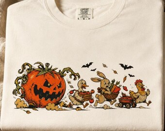 Jack-o'-Lantern Leaf Pile T-Shirt | Halloween Pumpkin Shirt | Monster Chasing Goose Rabbit and Chicken | Dark Farm Humor Tee