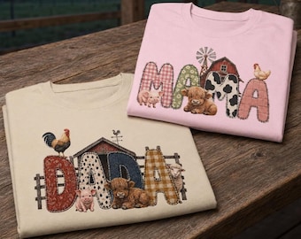 Mama-Dada-Bauernhof-Shirt | Patchwork-T-Shirt für Eltern auf dem Bauernhof | Passendes Design für die ganze Familie