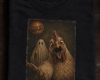Halloween Poultry Illustration | Spooky Cluck Selfie Tee | Ghost Chicken Graphic | Vintage Horror T-Shirt