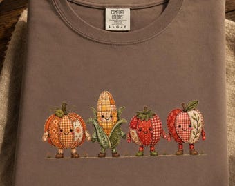 Harvest Veggies T-Shirt | Patchwork Pumpkin, Corn, Tomato, Apple Fall Design