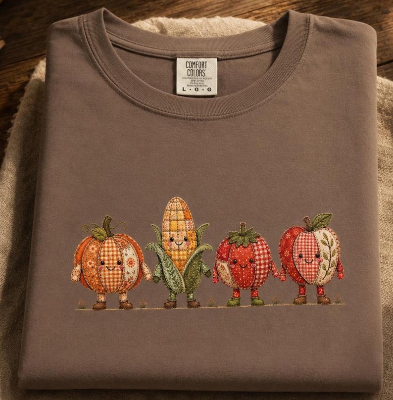 K&ouml;nnte beinhalten: Ein taupefarbenes T-Shirt mit Rundhalsausschnitt und einer Stickerei von vier anthropomorphen Obst- und Gem&uuml;sesorten: ein K&uuml;rbis, ein Maiskolben, eine Tomate und ein Apfel, jeweils mit l&auml;chelndem Gesicht und Patchwork-Mustern. Das Etikett zeigt Comfort Colors L G G.