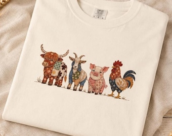 T-Shirt mit Hochlandrind-Motiv | Patchwork-Bauernhoftier-Shirt | Rustikales Volkskunst-T-Shirt