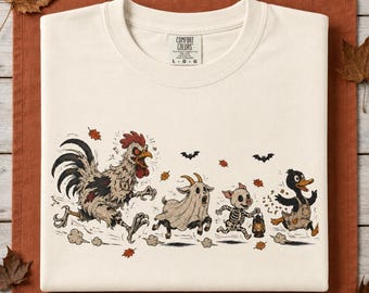 Halloween Rooster Shirt | Ghost Goat Skeleton Pig and Duck Consept Tshirt | Dark Farm Humor Tee