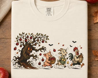Halloween Apple Tree Shirt | Autumn Animal Parade T-Shirt | Falling Leaves Woodland Friends |  Chasing Pig Goat and Rooster