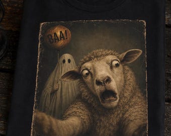 Sheep and Ghost Halloween Tee | Boo Balloon T-Shirt | Spooky Baa Selfie Tee | Ghost Farm Animal Graphic | Vintage Horror T-Shirt