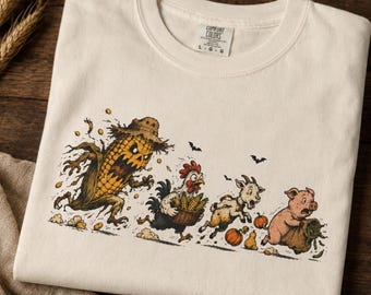 Halloween Corn Monster Shirt | Chasing Rooster Goat and Pig | Dark Farm Humor Tee