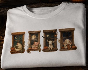 Halloween Farm Animal Shirt | Moonlit Window Graphic | Cozy Spooky Tee