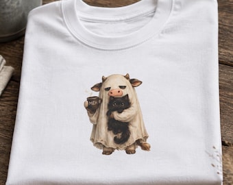 Ghost Cow Shirt | Black Cat Halloween Graphic | Moody Farm Humor Tee