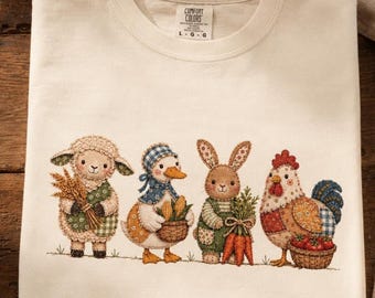 T-Shirt mit Bauernhoftieren | Patchwork-Volkskunst-Rundhalsausschnitt | Ernte-T-Shirt vom Bauernhof