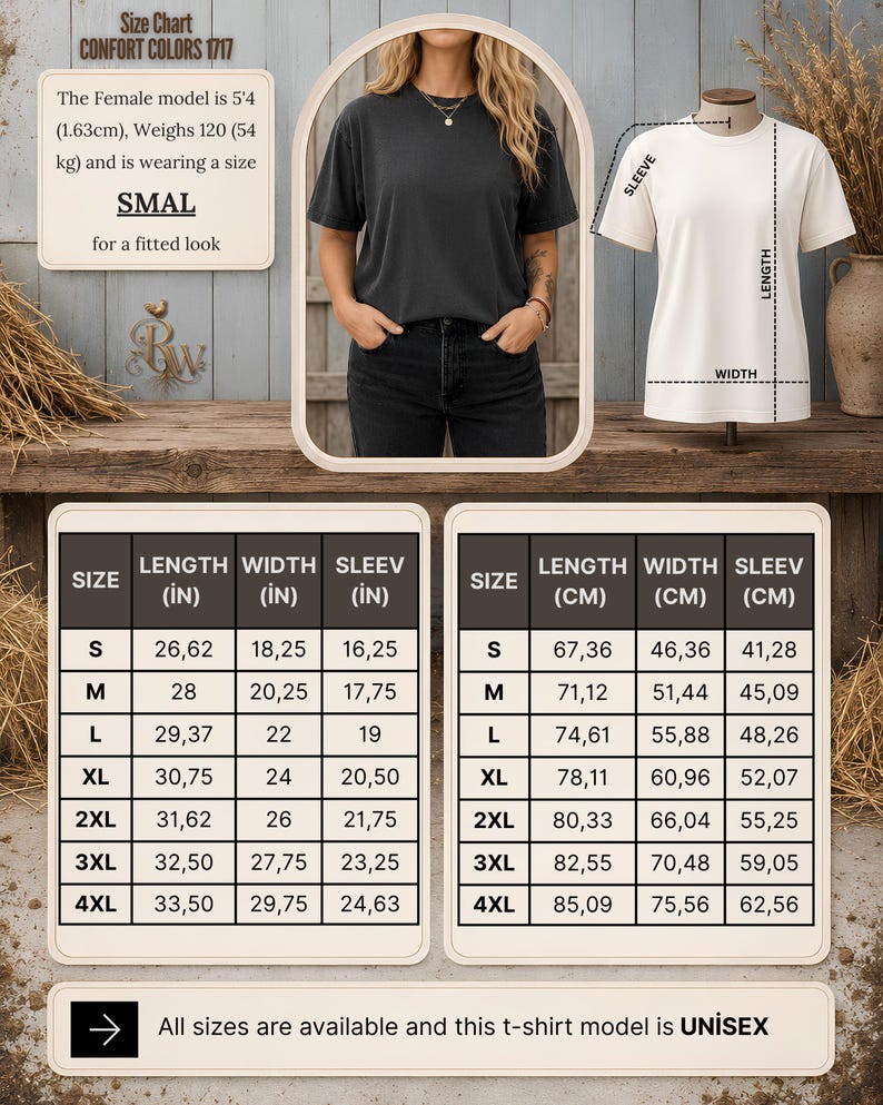 K&ouml;nnte beinhalten: Eine Comfort Colors 1717 T-Shirt-Gr&ouml;&szlig;entabelle mit einem dunkelgrauen T-Shirt an einem Model, einem wei&szlig;en T-Shirt an einer Schaufensterpuppe mit L&auml;ngen-, Breiten- und &Auml;rmelma&szlig;en sowie zwei Tabellen mit Ma&szlig;en in Zoll und Zentimetern.