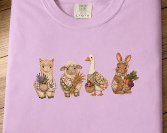 Alpaka-Bauernhof-Shirt | Patchwork Homestead Crew | T-Shirt im Folk-Art-Stil