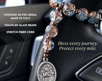 St. Christopher Travel Protection Charm – Crackled Glass Beads, Oxidized Silver Medal (Made in Italy)