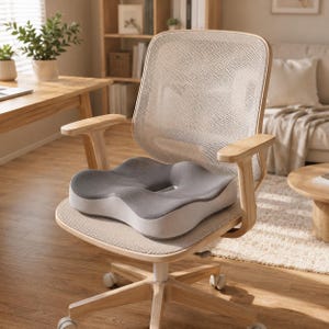 Peut inclure: Un coussin de siège ergonomique gris avec une découpe centrale, placé sur une chaise de bureau de couleur claire. Le coussin a un design profilé et est fait d'un matériau doux et moelleux. La chaise a un cadre en bois et un dossier en maille.