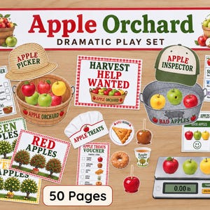 May include: An Apple Orchard dramatic play set featuring 50 pages of printed signs, order forms, and vouchers. Includes a straw hat, a green and white cap, a metal bucket, a digital scale, and various paper cutouts of apples and treats.
