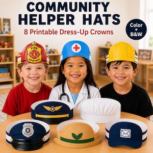 May include: A set of eight printable paper dress-up crowns titled Community Helper Hats, featuring designs for a firefighter, doctor, construction worker, pilot, chef, police officer, gardener, and mail carrier in both color and black and white.
