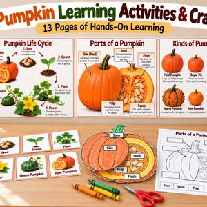 May include: Educational set titled Pumpkin Learning Activities & Craft with 13 pages of hands-on learning. Includes posters showing the pumpkin life cycle, parts of a pumpkin, and kinds of pumpkins, plus matching cards, a craft cutout, and a worksheet.